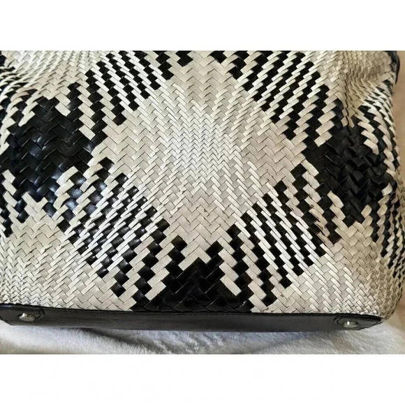 COLE HAAN Genevieve Woven Weave Black & White Tote Shoulder Bag Braided Handles - Picture 7 of 13